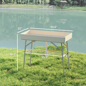 English Elm Outdoor Folding Drink Station Table with Built-in Ice Sink and Steel Frame Tan T3971P446144