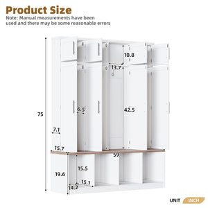 English Elm [Assembly Video] Farmhouse Hall Tree with Walnut Bench, 8-Door Shoe Cabinet, 4 Hooks & Open Storage Organizing Entryway White N721S000059K