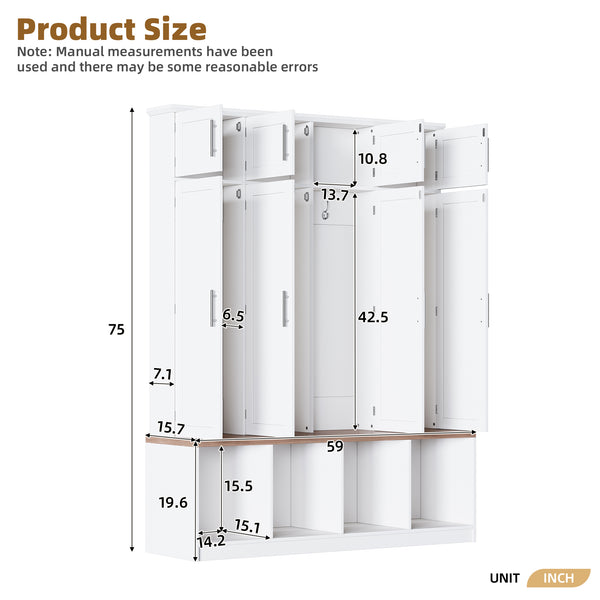 English Elm [Assembly Video] Farmhouse Hall Tree with Walnut Bench, 8-Door Shoe Cabinet, 4 Hooks & Open Storage Organizing Entryway White N721S000059K