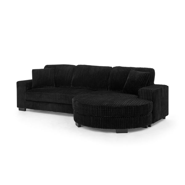 English Elm Corduroy Modular L-Shaped Convertible Sleeper Sofa With Tufted Design & Movable Footstool - Black W487S00346