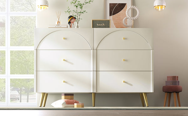 English Elm Modern metal-foot six-drawer two-door dining cabinet with wood finish, durable storage for kitchen & living room W2565P248231