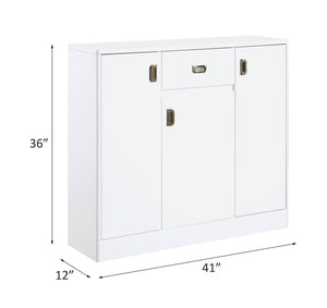 English Elm Pagan White High Gloss Server with Upholstered Seat, 3 Doors, 5 Adjustable Shelves, Sleek Glam Finish B2726P256327