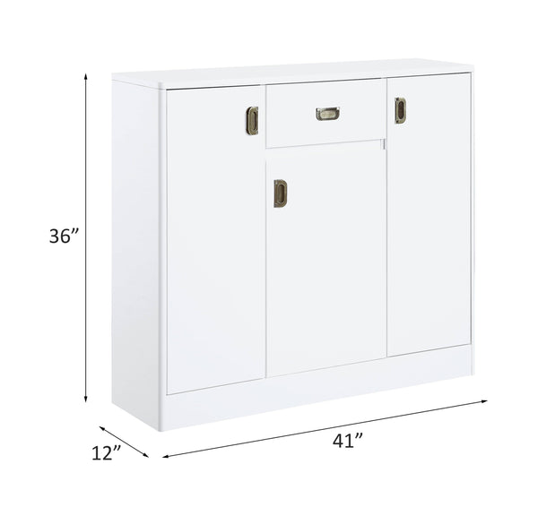 English Elm Pagan White High Gloss Server with Upholstered Seat, 3 Doors, 5 Adjustable Shelves, Sleek Glam Finish B2726P256327
