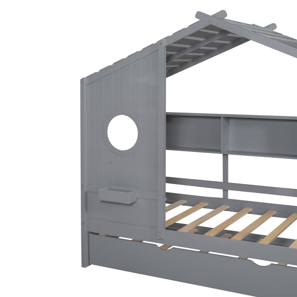 English Elm Wooden Twin House Bed with Trundle and 3 Back Shelves, Pine Frame Playful Loft Design for Kids Gray 41.7 L x 16.25 W x 6 H N733S316110E
