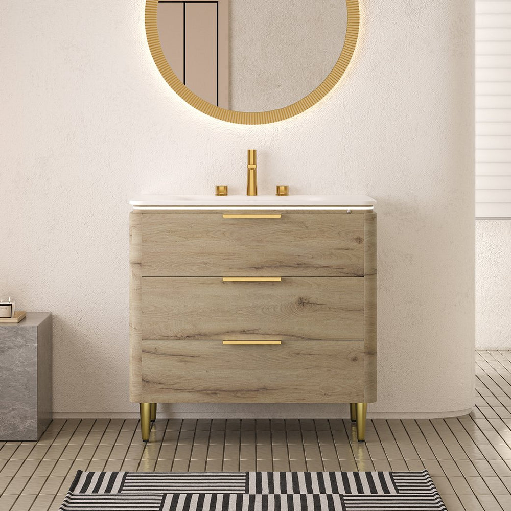 English Elm AMARA 36'' Bathroom Vanity with Integrated Sintered Stone Basin, Preassembled Plywood Cabinet, LED Motion Sensor Storage Carrara White,White Oak W2615P346336