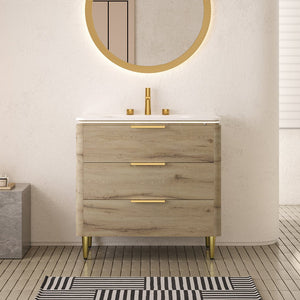 English Elm AMARA 36'' Bathroom Vanity with Integrated Sintered Stone Basin, Preassembled Plywood Cabinet, LED Motion Sensor Storage Carrara White,White Oak W2615P346336
