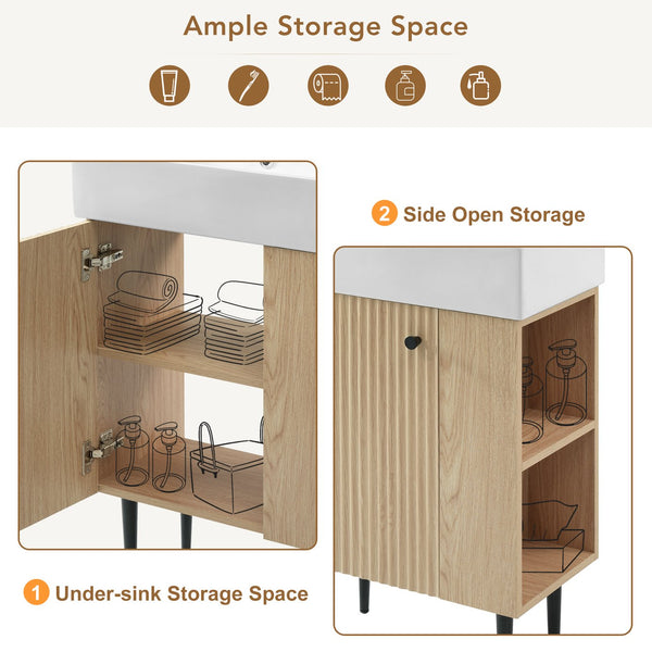 English Elm 21.6" Wood Bathroom Vanity with Ceramic Sink, Right Side Storage, Gold Legs, Soft-Close Doors, Modern SV000006AAD