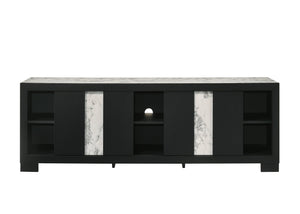 English Elm 1pc Modern Entertainment Console with Industrial Edge, Grey Wood Finish, Open Shelf & Two Drawers Black,White 19.69 L x 75 W x 26.38 H B2741P295470