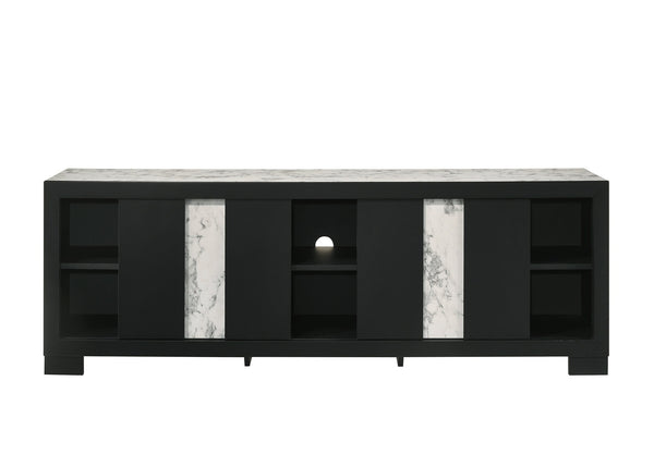 English Elm 1pc Modern Entertainment Console with Industrial Edge, Grey Wood Finish, Open Shelf & Two Drawers Black,White 19.69 L x 75 W x 26.38 H B2741P295470