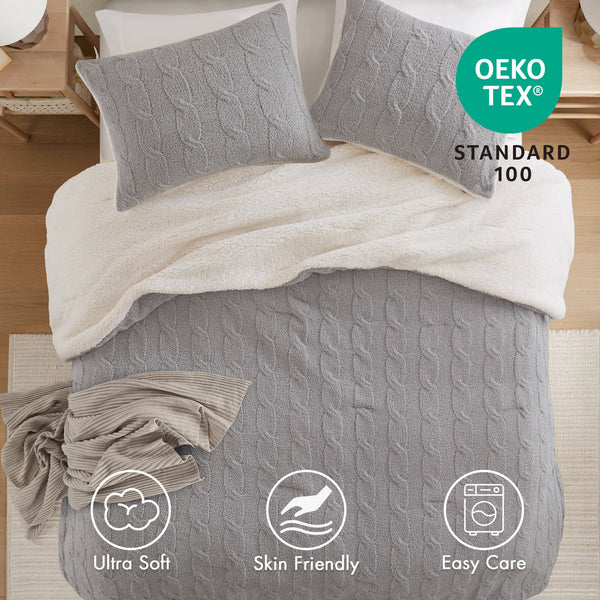 JLA Home Madison Park - Cable Chenille Comforter Set with Sherpa Reverse, Oeko-Tex Plush Cable-Knit Texture for Cozy Nights Gray MP10-8894