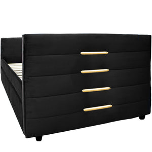 English Elm MODERN Twin Daybed with Trundle in Black Velvet Upholstery, Gold Accents, Space-Saving Guest Bed W1867S00012