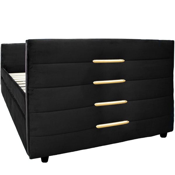 English Elm MODERN Twin Daybed with Trundle in Black Velvet Upholstery, Gold Accents, Space-Saving Guest Bed W1867S00012