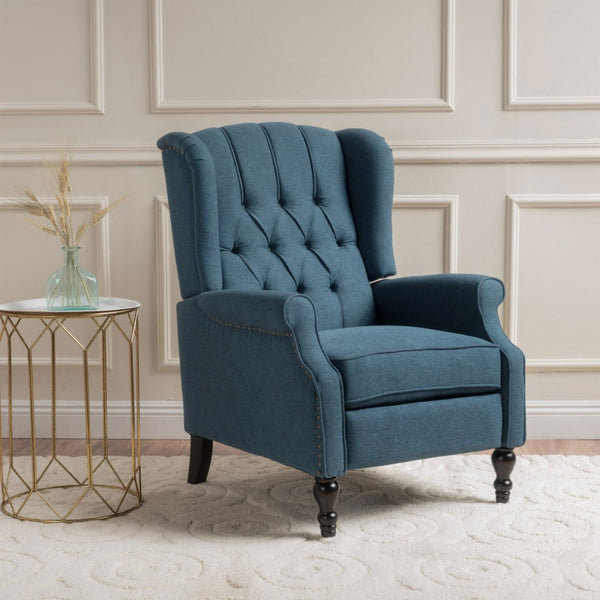 English Elm Charcoal Wingback Pushback Recliner with Button Tufted Diamond Fabric Upholstery Dark Blue N763P410529C