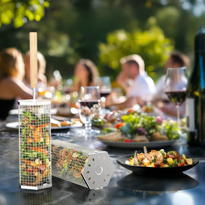 English Elm Stainless Steel Mesh Rolling Grill Basket with Detachable Wooden Handle Outdoor W2181P480510