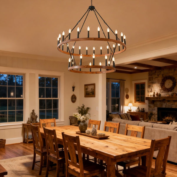 English Elm 47.24 Inch Two-tier Wagon Wheel Chandelier 36-light Wood Grain Metal Farmhouse Foyer Fixture W5008P392657