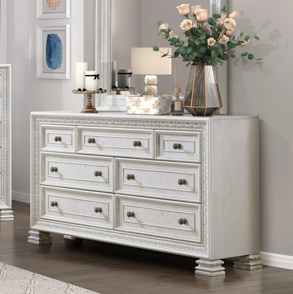 English Elm Classic Pearl White Seven Drawer Dresser Ash Veneer Egg Dart Molding Bedroom B011P242369