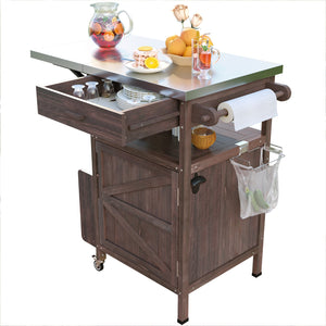 English Elm K&K 40.5" Outdoor Grill Cart with 201 Stainless Top, Solid Fir Storage, Drop Leaf & Lockable Wheels Brown N707P228272Z