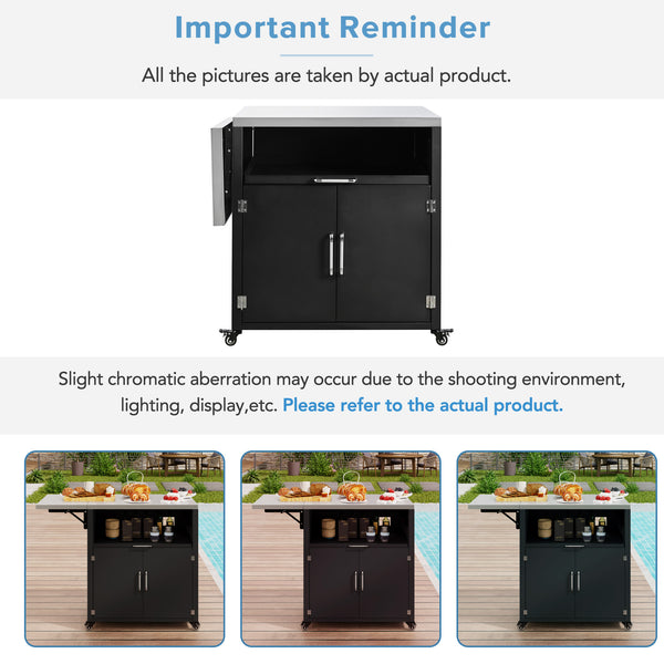 English Elm Versatile Outdoor Cabinet with Foldable Stainless Top, Extendable Iron Panel, Locking Wheels, Matte Black N719P244805B