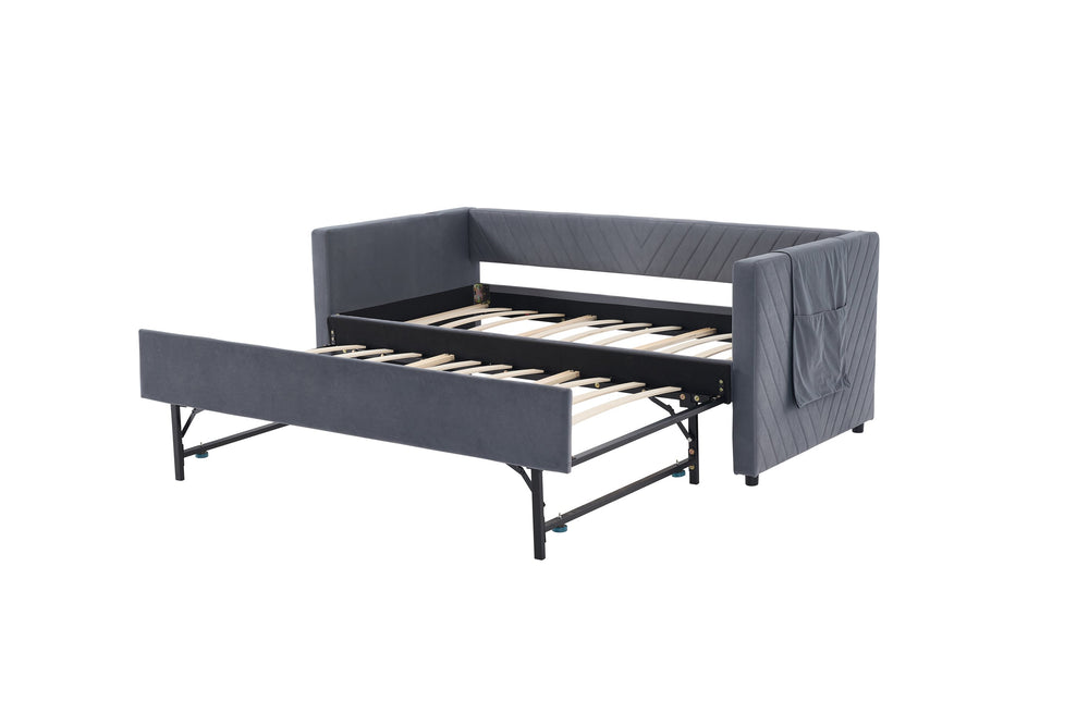 English Elm Twin Velvet Upholstered Daybed with Trundle, V-Pattern Backrest, USB Port, Side Pockets, Sturdy Design Grey W1361S00040