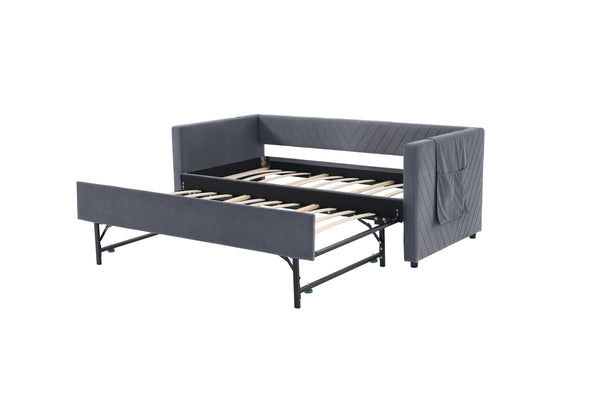 English Elm Twin Velvet Upholstered Daybed with Trundle, V-Pattern Backrest, USB Port, Side Pockets, Sturdy Design Grey W1361S00040