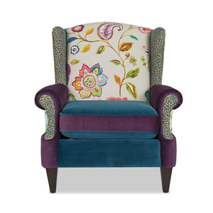 English Elm Jennifer Taylor Home - Anya Boho Chic Wingback Accent Chair - Luxurious Floral & Leopard Velvet In Blue-Teal & Purple B2719P238251