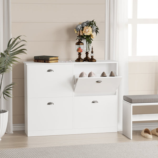 English Elm Shoe Cabinet Slim Flip-Top Rack with 4 Adjustable Drawers, Anti-Tip Entryway Organizer, Compact White W2386P308739