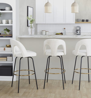 English Elm Fixed-height Swivel Barstools with Gold Footrest Black Frame White Upholstery Set B202S01873