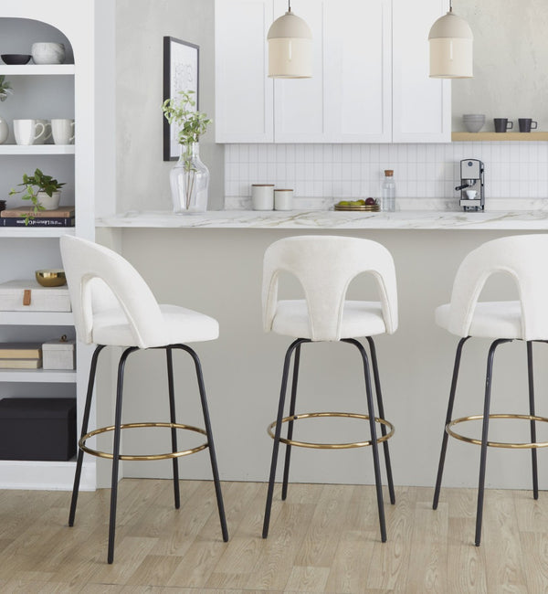 English Elm Fixed-height Swivel Barstools with Gold Footrest Black Frame White Upholstery Set B202S01873