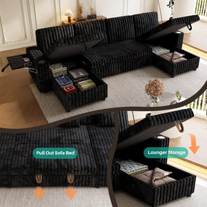 English Elm U Shaped Corduroy Sleeper Sectional with Storage Chaise and Pull Out Bed for Living Room W1825P357560