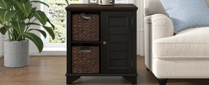 English Elm U Can Louvered End Table with Woven Grass Baskets Ottoman Legs Farmhouse Storage Black N724P401353B