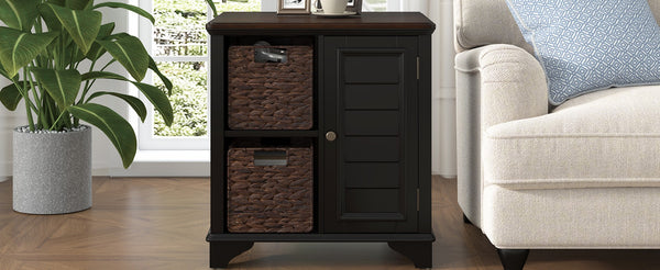 English Elm U Can Louvered End Table with Woven Grass Baskets Ottoman Legs Farmhouse Storage Black N724P401353B