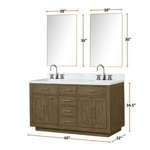 English Elm Grey Oak Double Bath Vanity Set With Carrara Marble Top, Chrome Faucets & 28" Mirrors For Easy Upgrade B2731S01796