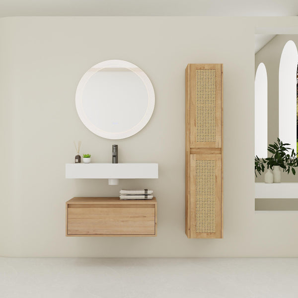 English Elm 30 Inch Wall-Mounted Bathroom Vanity With Resin Sink & Soft Close Drawers - Modern Storage Solution W999S00354