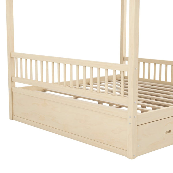 English Elm Wooden Canopy Queen Bed Solid Frame with Built-in Storage Drawers Slatted Base Natural N7090005037N
