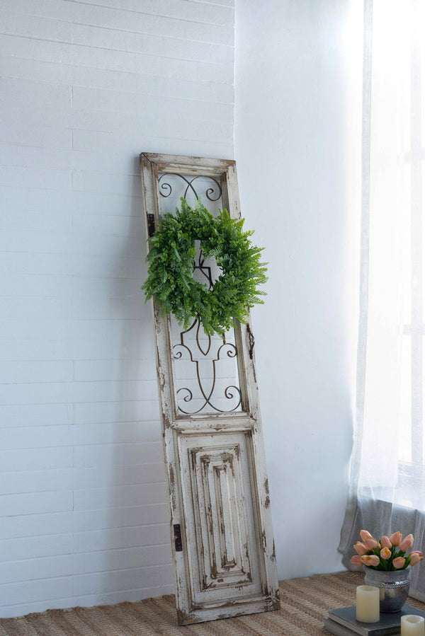 English Elm 15.8x66.9" Reclaimed Solid Wood Decorative Door Panel with Distressed White Finish & Metal Grillwork W2078P313325