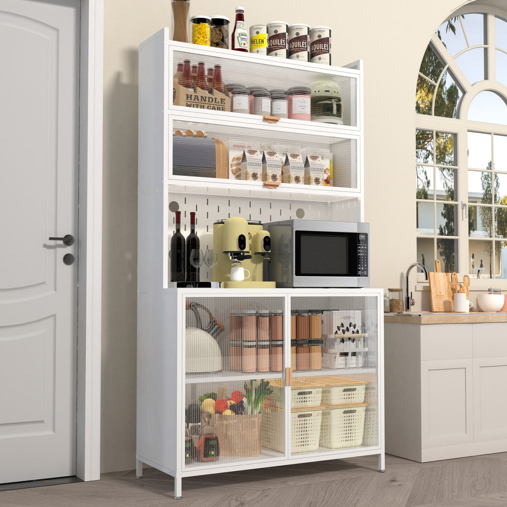 English Elm 73'' Tall 6-Tier Steel Pantry Cabinet with Flip Door & Pegboard, Adjustable Shelves, Anti-Tip Storage White W3387P306356