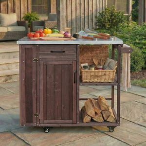 English Elm Foldable Outdoor Kitchen Cart with Stainless Worktop Fir Wood Frame and Lockable Wheels Dark Brown N719P380278S