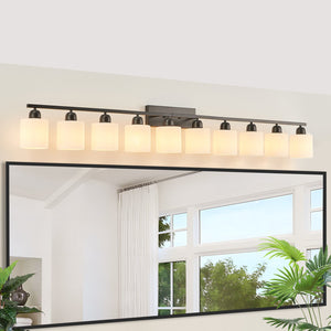 English Elm 10 Matte Black 10-Light Vanity Fixture 65.4" Over Mirror with White Glass Shades, Modern Wall Lighting W2312P374850