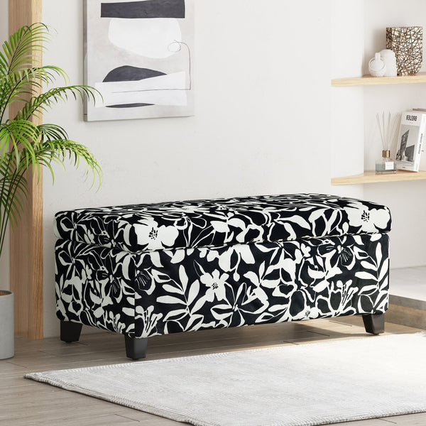 English Elm Christopher Knight Home® - Luxury Storage Ottoman with Floral Patterned Fabric, Soft-Close Hinges, Hidden Compartment for Blankets and Seating Comfort Black Floral,White N767P257582W