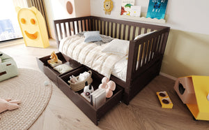 English Elm Convertible Toddler Daybed Solid Pine Kids Bed with Storage Drawers and Removable Rails Espresso N899P429848N