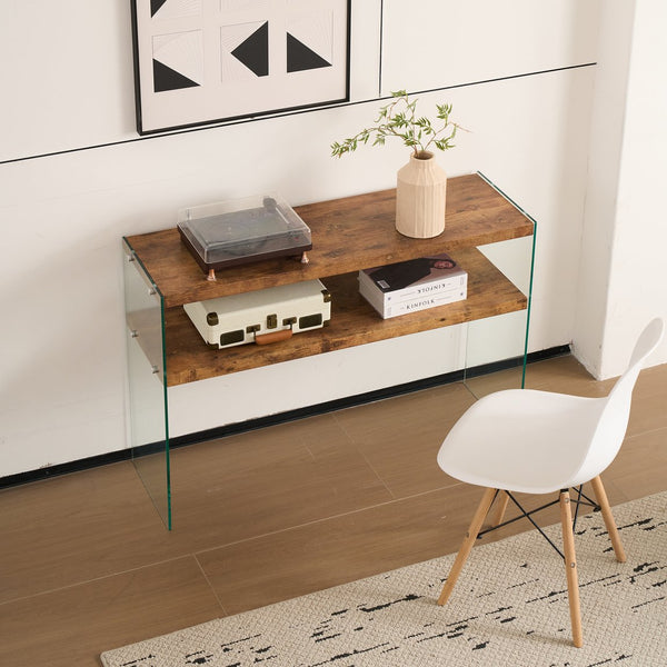 English Elm MDF Walnut Console Table with Tempered Glass Top, Multipurpose Entry Side Table for Home & Events W1718P321602