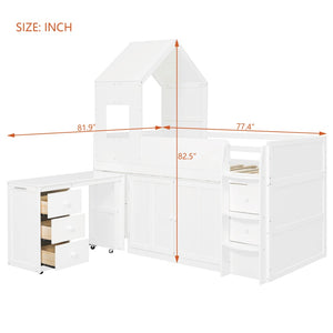 English Elm Twin House Loft Bed with Pull Out Rolling Desk Stair Drawers and Cabinet Storage White N820S00072K