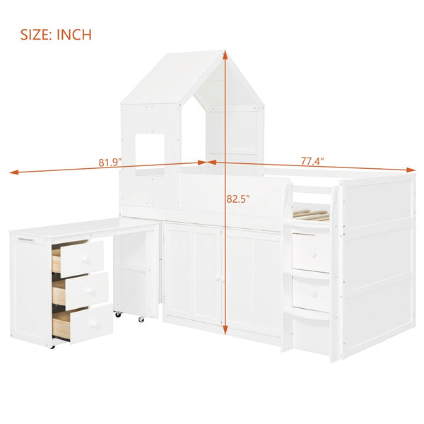 English Elm Twin House Loft Bed with Pull Out Rolling Desk Stair Drawers and Cabinet Storage White N820S00072K