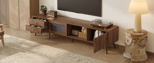 English Elm 76" Wood Grain Media Console with Glass Doors Deep Drawers and Living Room Storage N710P397467P
