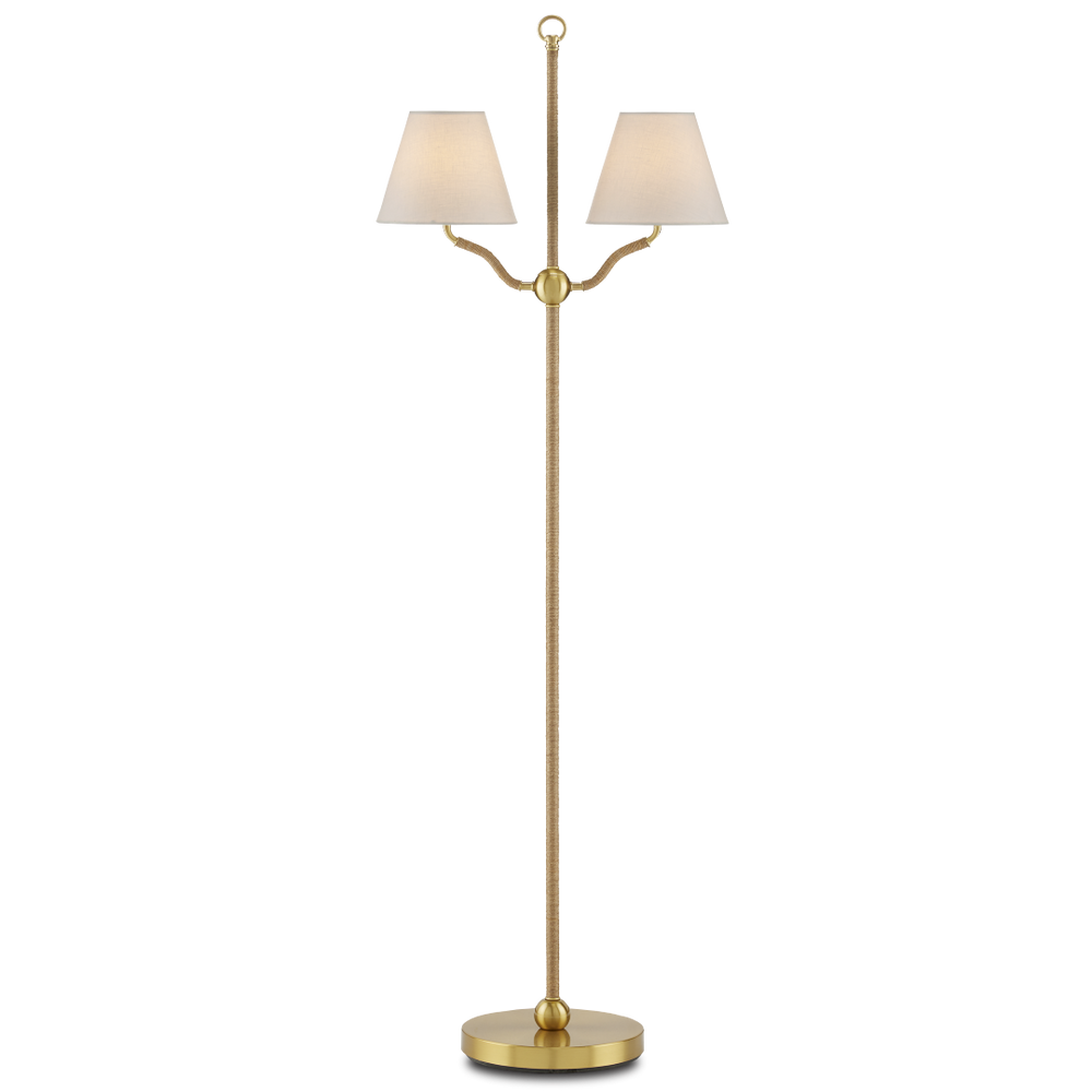 Sirocco Antique Brass Floor Lamp with Jute Rope Accents and Off-White Linen Shades for Elegant Decor