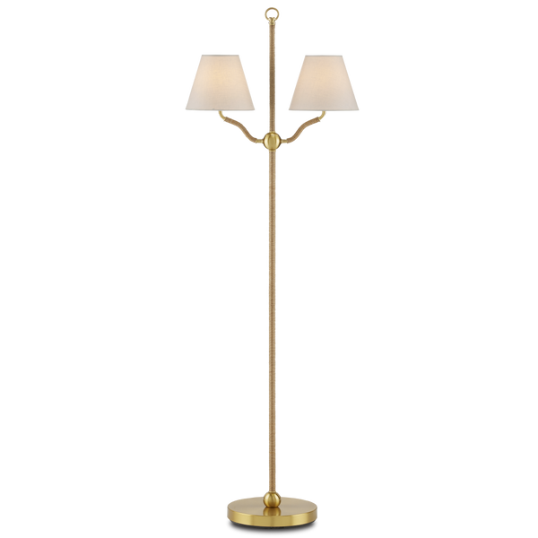 Sirocco Antique Brass Floor Lamp with Jute Rope Accents and Off-White Linen Shades for Elegant Decor