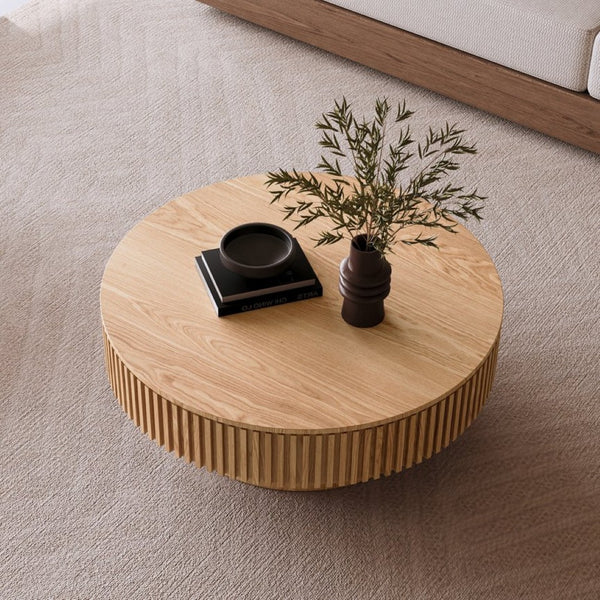English Elm 39.37'' Round Lift-top Coffee Table Fluted Wood Veneer Hidden Storage Modern Living Room Natural Wood W1435P261923