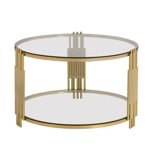English Elm Modern Glass Coffee Table 31.5" – Asymmetrical Gold Metal Drum Base, Tempered Clear Top & Lower Shelf N735P177478K
