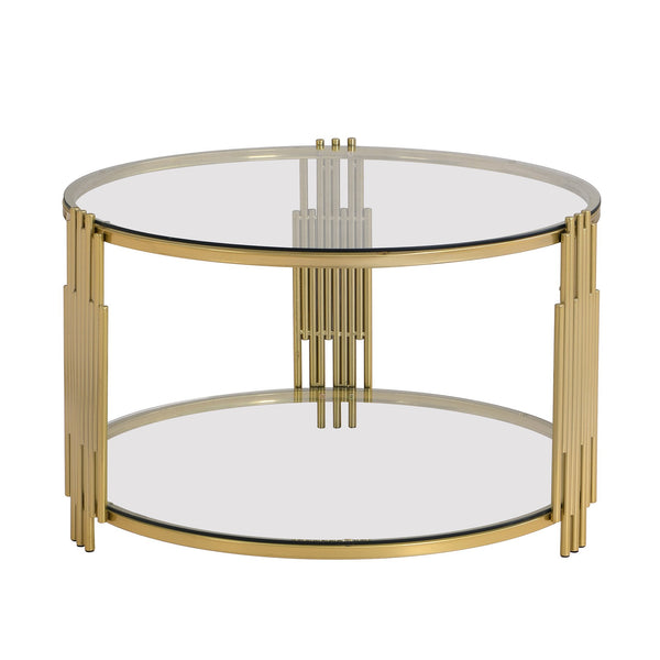 English Elm Modern Glass Coffee Table 31.5" – Asymmetrical Gold Metal Drum Base, Tempered Clear Top & Lower Shelf N735P177478K
