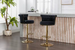 English Elm UNITED Velvet 360° Rotating Bar Chair with Diamond Stitching, Gold Frame, Plush Foam Seat, Adjustable Height Black W1568P361716